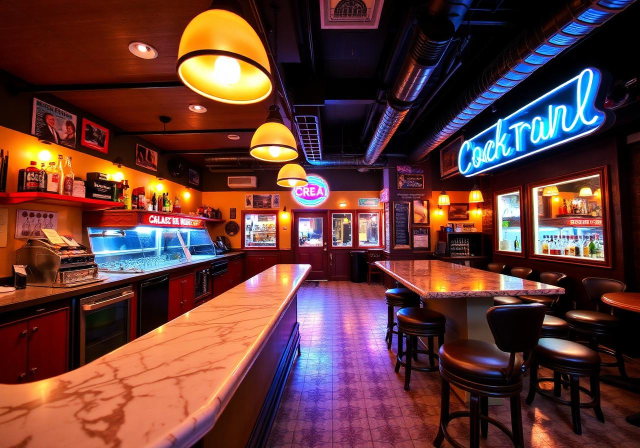 Barlour interior with neon and marble bar